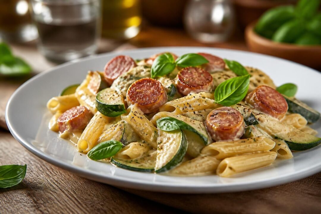découvrez la recette savoureuse de pâtes gourmandes aux saucisses, basilic frais et courgettes onctueuses, signée whoogy's et testée pour votre plus grand plaisir.