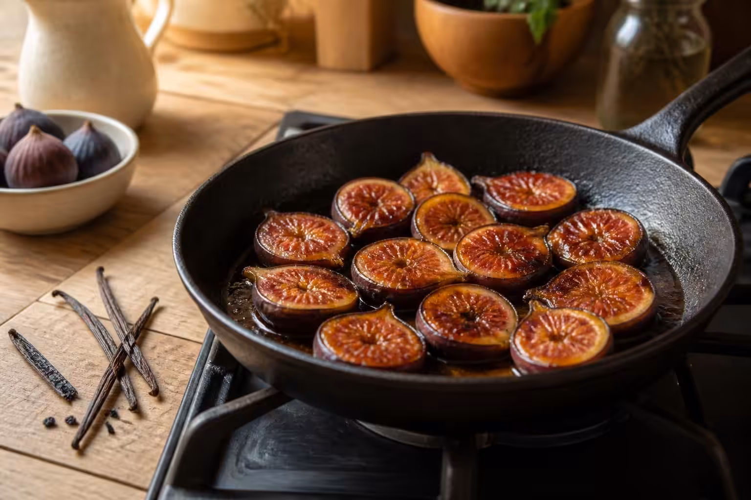 découvrez une délicieuse recette de figues rôties à la poêle parfumées à la vanille, un dessert simple et gourmand à savourer en toute saison.